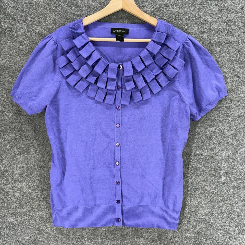 Ashley Stewart Cardigan Women 18/20 Plus Blue Knit Button Up Short Sleeve Casual
